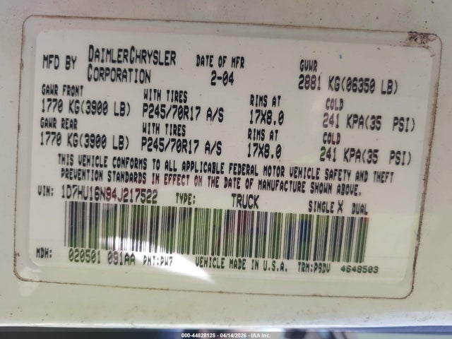 44828128 :رقم المزاد ، 1D7HU16N94J217522 vin ، 2004 Dodge Ram 1500 St مزاد بيع