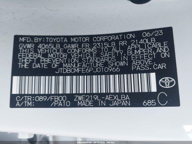 44828135 :رقم المزاد ، JTDBCMFE6PJ010966 vin ، 2023 Toyota Corolla Hybrid Le مزاد بيع