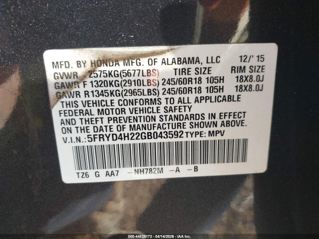 Продаж на аукціоні авто 2016 Acura Mdx Acurawatch Plus Package, vin: 5FRYD4H22GB043592, номер лоту: 44828172