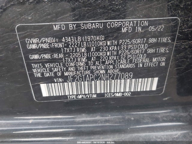 Aukcja sprzedaży 2022 Subaru Crosstrek Premium, vin: JF2GTAPC2NH277089, numer aukcji: 44828201