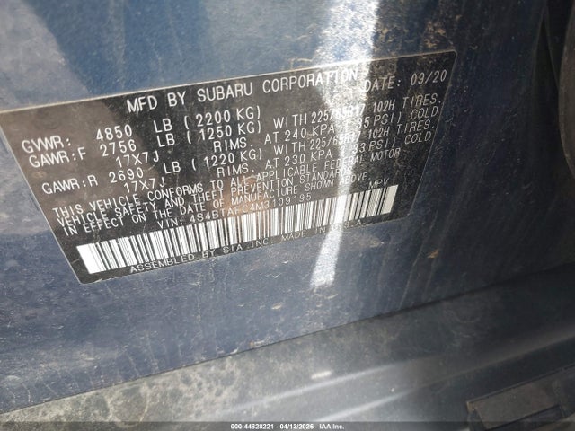 Продаж на аукціоні авто 2021 Subaru Outback Premium, vin: 4S4BTAFC4M3109195, номер лоту: 44828221