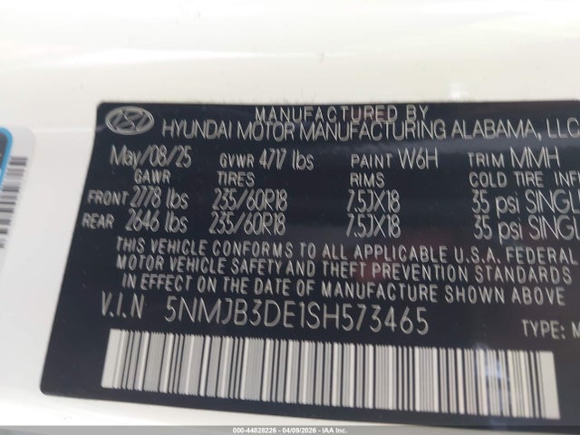 44828226 :رقم المزاد ، 5NMJB3DE1SH573465 vin ، 2025 Hyundai Tucson Sel مزاد بيع