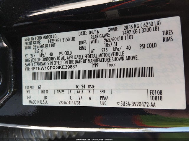 2016 Ford F-150 Xlt მანქანა იყიდება აუქციონზე, vin: 1FTEW1CPXGKE39837, აუქციონის ნომერი: 44828229
