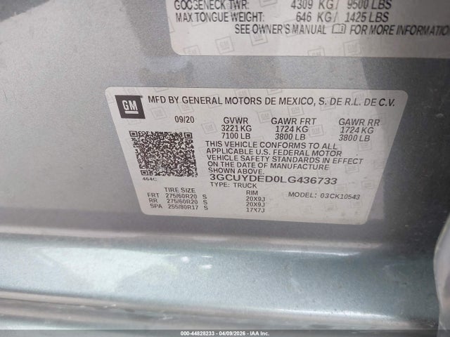 44828233 :رقم المزاد ، 3GCUYDED0LG436733 vin ، 2020 Chevrolet Silverado 1500 4wd  Short Bed Lt مزاد بيع