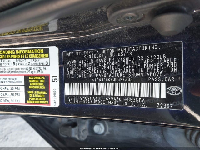 Продажа на аукционе авто 2018 Toyota Camry Le, vin: 4T1B11HK7JU627303, номер лота: 44828254