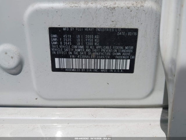 2015 Subaru Legacy 2.5i Limited მანქანა იყიდება აუქციონზე, vin: 4S3BNAL60F3049724, აუქციონის ნომერი: 44828262