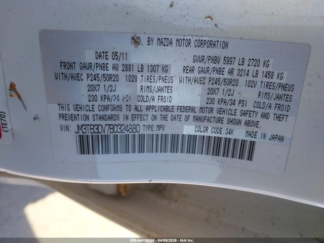 44828266 :رقم المزاد ، JM3TB3DV7B0324880 vin ، 2011 Mazda Cx-9 Grand Touring مزاد بيع