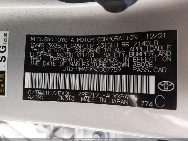 44828270 :رقم المزاد ، JTDFPMAEXN3007759 vin ، 2022 Toyota Corolla Xle مزاد بيع