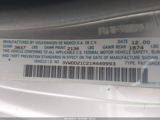 Продаж на аукціоні авто 2001 Volkswagen New Beetle Glx, vin: 3VWDD21C21M449993, номер лоту: 44828316