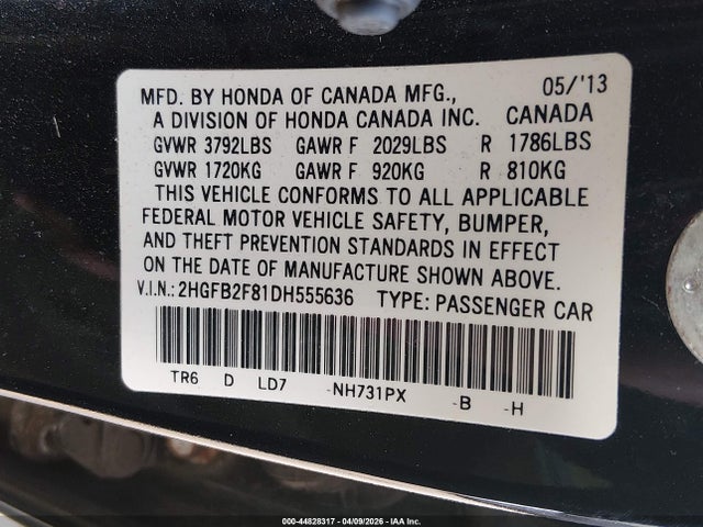 2013 Honda Civic Ex მანქანა იყიდება აუქციონზე, vin: 2HGFB2F81DH555636, აუქციონის ნომერი: 44828317