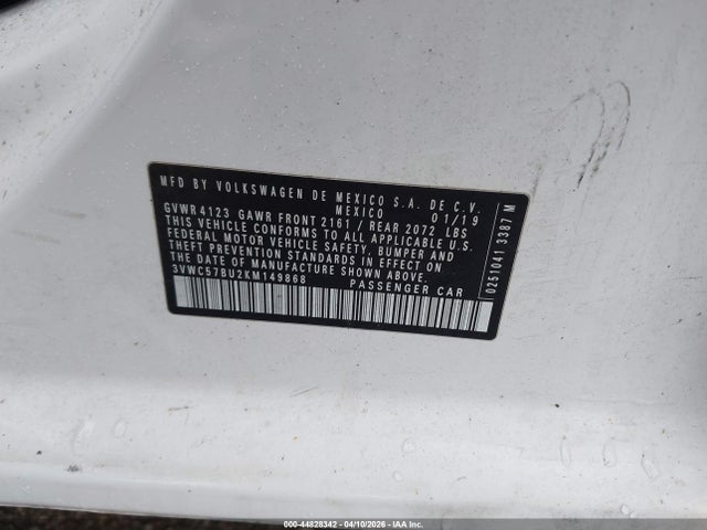 Aukcja sprzedaży 2019 Volkswagen Jetta 1.4t R-line/1.4t S/1.4t Se, vin: 3VWC57BU2KM149868, numer aukcji: 44828342