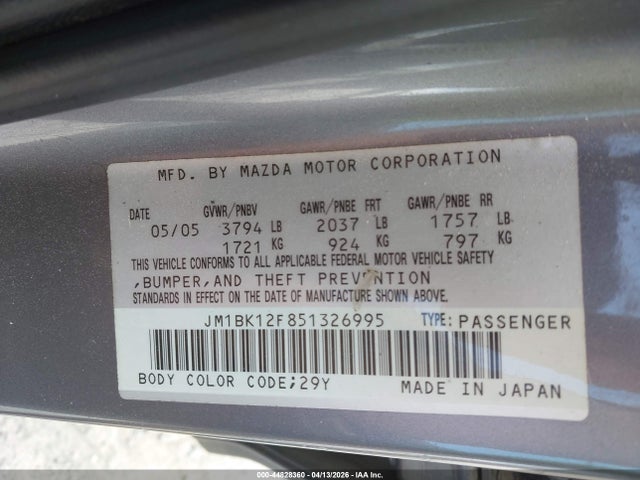 44828360 :رقم المزاد ، JM1BK12F851326995 vin ، 2005 Mazda Mazda3 I مزاد بيع
