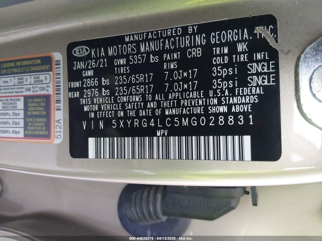 44828376 :رقم المزاد ، 5XYRG4LC5MG028831 vin ، 2021 Kia Sorento Lx مزاد بيع