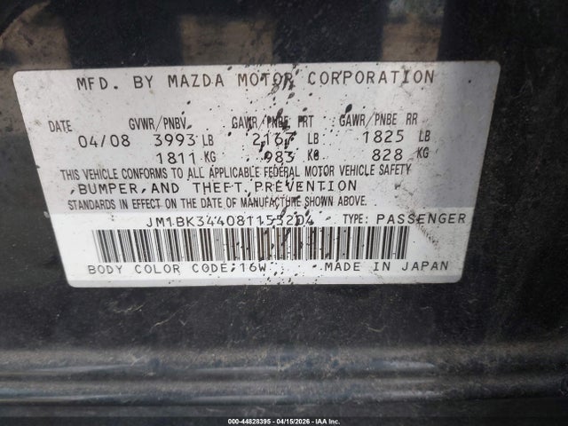 44828395 :رقم المزاد ، JM1BK344081155204 vin ، 2008 Mazda Mazda3 S Grand Touring مزاد بيع