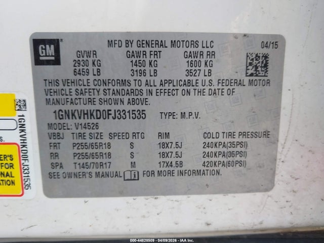 Chevrolet Traverse 2lt 2015 1GNKVHKD0FJ331535 Image 9