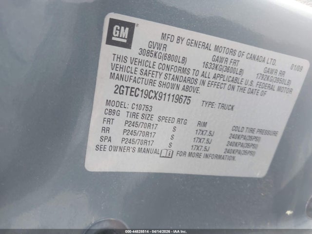 2009 Gmc Sierra 1500 Sl მანქანა იყიდება აუქციონზე, vin: 2GTEC19CX91119675, აუქციონის ნომერი: 44828514