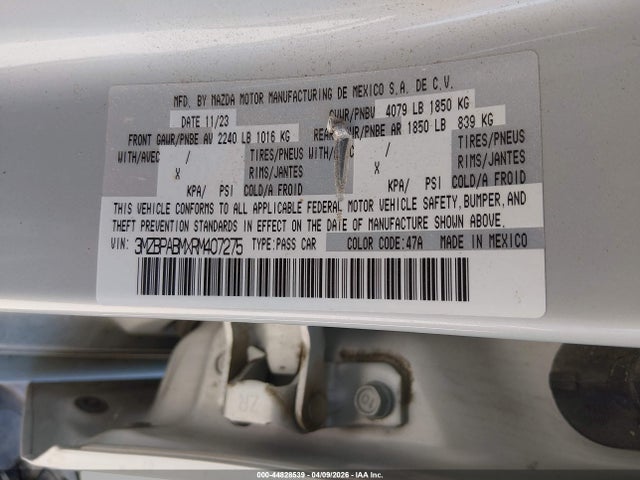 Aukcja sprzedaży 2024 Mazda Mazda3 2.5 S Select Sport, vin: 3MZBPABMXRM407275, numer aukcji: 44828539