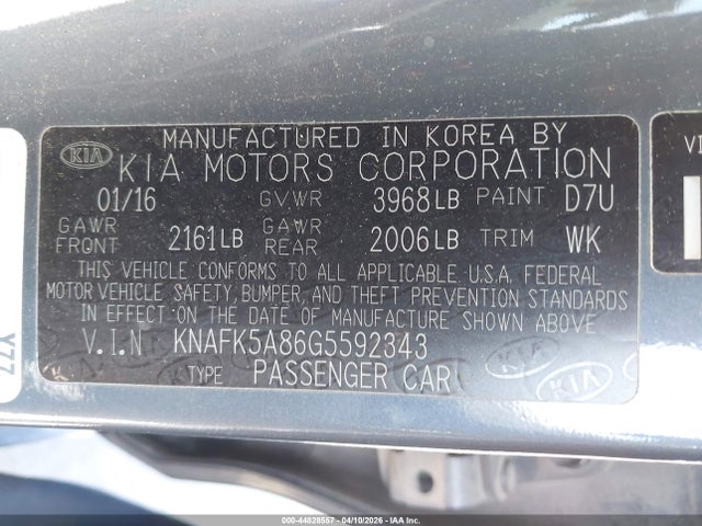 44828557 :رقم المزاد ، KNAFK5A86G5592343 vin ، 2016 Kia Forte Lx مزاد بيع