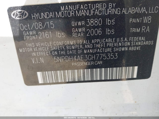 Aukcja sprzedaży 2016 Hyundai Elantra Se, vin: 5NPDH4AE3GH775353, numer aukcji: 44828576