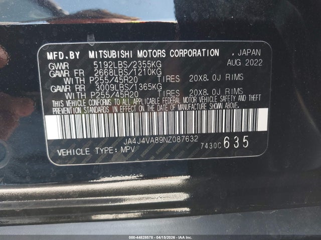 Aukcja sprzedaży 2022 Mitsubishi Outlander Sel 2.5 S-awc/sel Launch Edition S-awc/sel Special Edition S-awc, vin: JA4J4VA89NZ087632, numer aukcji: 44828578