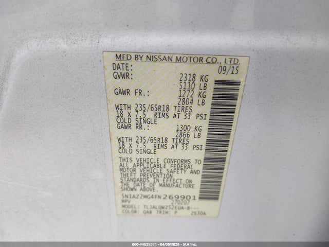 Aukcja sprzedaży 2015 Nissan Murano Sv, vin: 5N1AZ2MG4FN269901, numer aukcji: 44828581