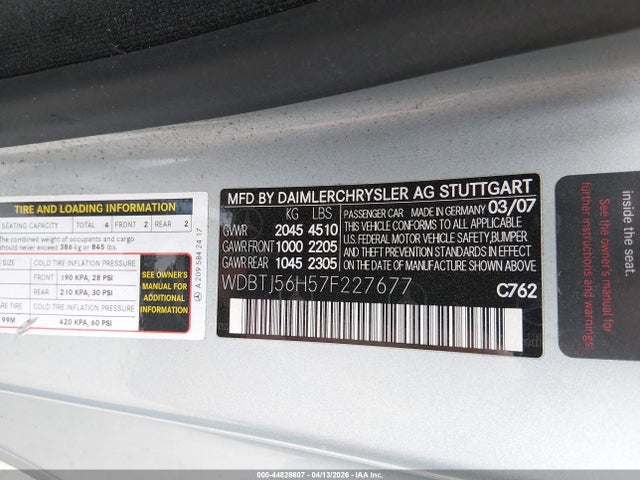Продажа на аукционе авто 2007 Mercedes-benz Clk 350, vin: WDBTJ56H57F227677, номер лота: 44828607