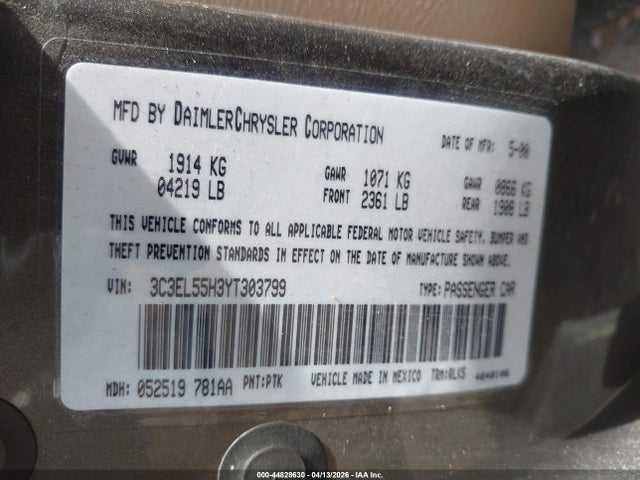 2000 Chrysler Sebring Jxi მანქანა იყიდება აუქციონზე, vin: 3C3EL55H3YT303799, აუქციონის ნომერი: 44828630