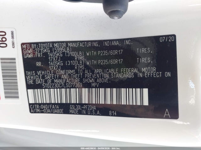 Aukcja sprzedaży 2020 Toyota Sienna L, vin: 5TDZZ3DC7LS077369, numer aukcji: 44828638