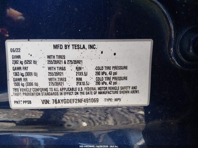 2022 Tesla Model Y Performance Dual Motor All-wheel Drive მანქანა იყიდება აუქციონზე, vin: 7SAYGDEF2NF491069, აუქციონის ნომერი: 44828645