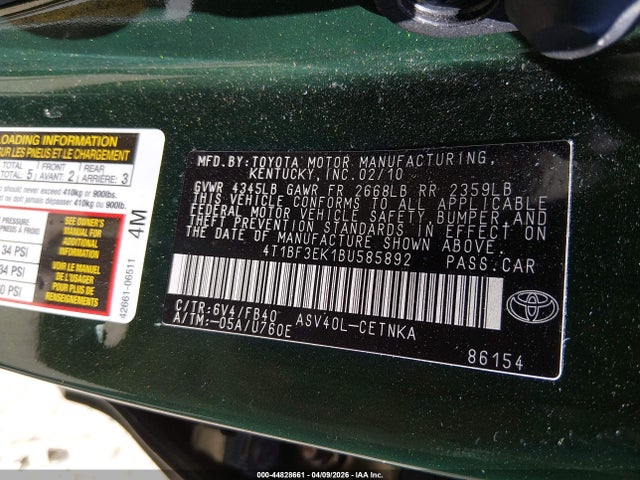 Aukcja sprzedaży 2011 Toyota Camry Le, vin: 4T1BF3EK1BU585892, numer aukcji: 44828661