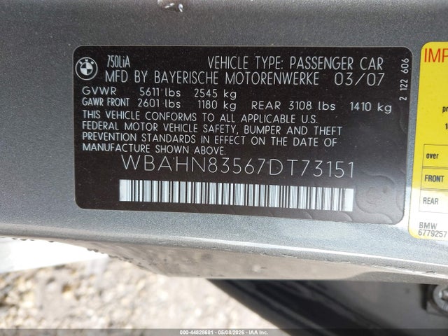 Продаж на аукціоні авто 2007 Bmw 750li, vin: WBAHN83567DT73151, номер лоту: 44828681