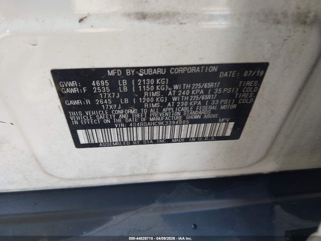 Продажа на аукционе авто 2019 Subaru Outback 2.5i Premium, vin: 4S4BSAHC9K3394005, номер лота: 44828715