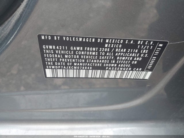 Продаж на аукціоні авто 2012 Volkswagen Jetta 2.5l Se, vin: 3VWDP7AJXCM078846, номер лоту: 44828720