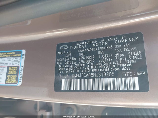44828730 :رقم المزاد ، KM8J3CA48HU318205 vin ، 2017 Hyundai Tucson Se مزاد بيع