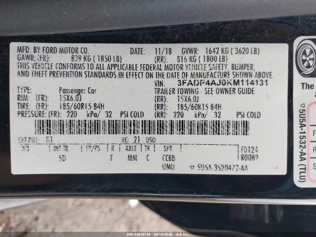 44828740 :رقم المزاد ، 3FADP4AJ0KM114131 vin ، 2019 Ford Fiesta S مزاد بيع