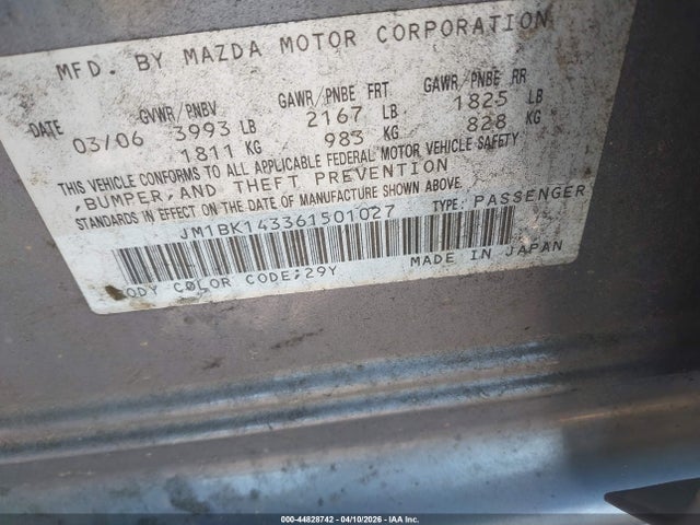 44828742 :رقم المزاد ، JM1BK143361501027 vin ، 2006 Mazda Mazda3 S مزاد بيع