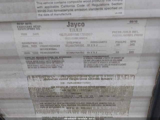 Продаж на аукціоні авто 2016 Jayco Slx Series M-287, vin: 1UJBJ0BR5G17X0507, номер лоту: 44828749