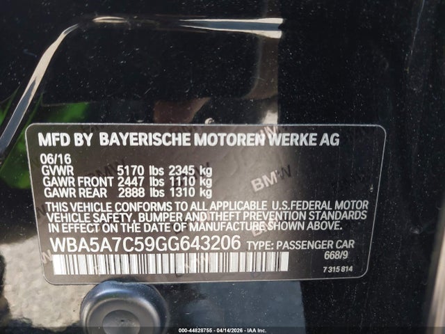 44828755 :رقم المزاد ، WBA5A7C59GG643206 vin ، 2016 Bmw 528i Xdrive مزاد بيع
