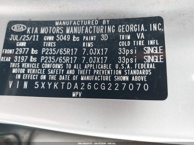 Продаж на аукціоні авто 2012 Kia Sorento Lx V6, vin: 5XYKTDA26CG227070, номер лоту: 44828781