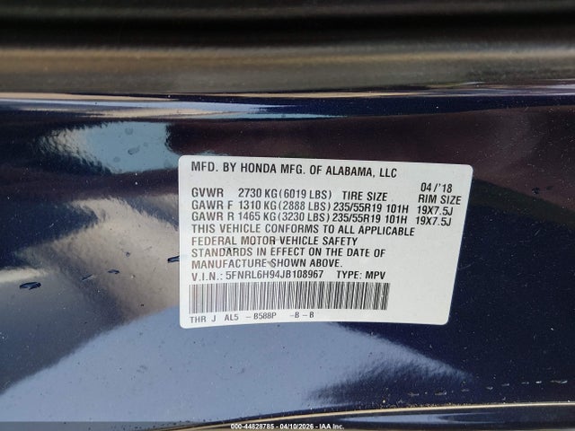 Aukcja sprzedaży 2018 Honda Odyssey Elite, vin: 5FNRL6H94JB108967, numer aukcji: 44828785