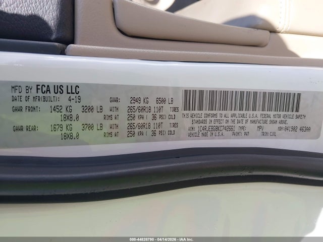Продаж на аукціоні авто 2019 Jeep Grand Cherokee Limited, vin: 1C4RJEBG8KC742661, номер лоту: 44828790