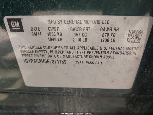 2014 Chevrolet Cruze Ls Auto მანქანა იყიდება აუქციონზე, vin: 1G1PA5SH5E7371139, აუქციონის ნომერი: 44828831