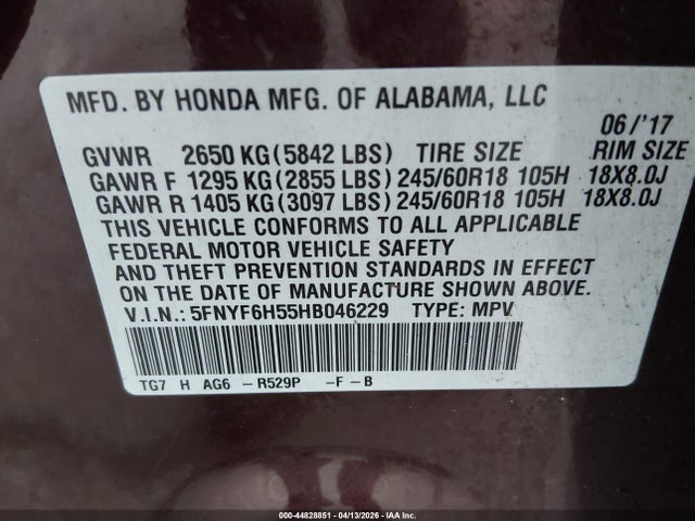 Продажа на аукционе авто 2017 Honda Pilot Ex-l, vin: 5FNYF6H55HB046229, номер лота: 44828851