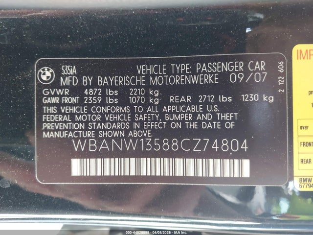 Продаж на аукціоні авто 2008 Bmw 535i, vin: WBANW13588CZ74804, номер лоту: 44828855