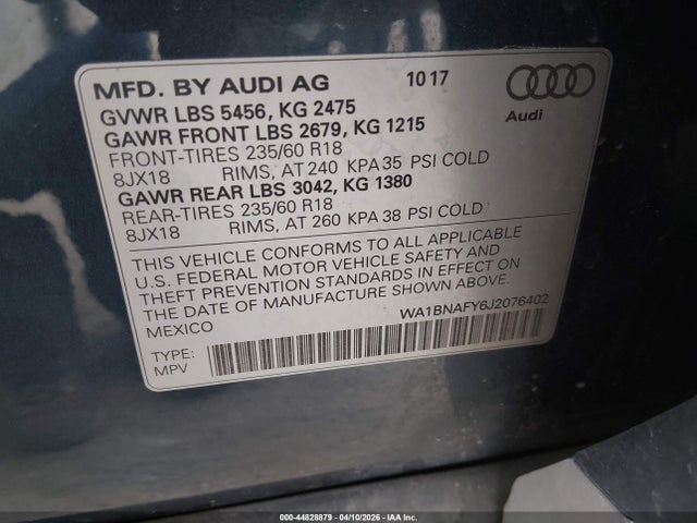 Aukcja sprzedaży 2018 Audi Q5 2.0t Premium/2.0t Tech Premium, vin: WA1BNAFY6J2076402, numer aukcji: 44828879