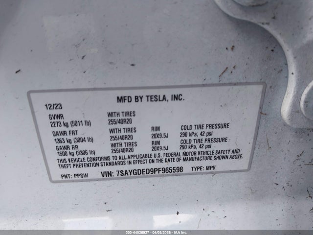 2023 Tesla Model Y Rwd მანქანა იყიდება აუქციონზე, vin: 7SAYGDED9PF965598, აუქციონის ნომერი: 44828927