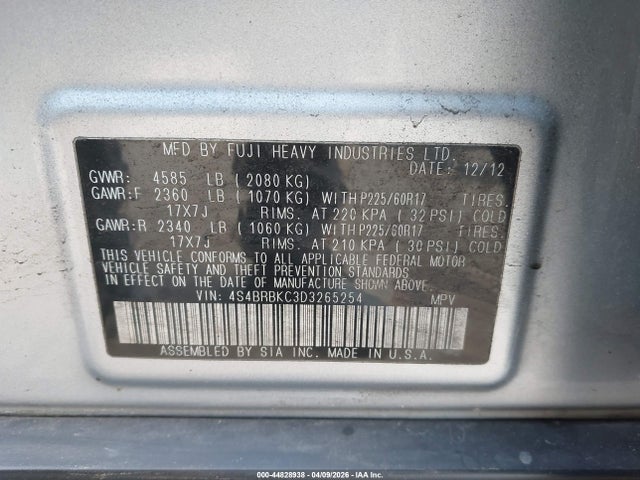 Aukcja sprzedaży 2013 Subaru Outback 2.5i Limited, vin: 4S4BRBKC3D3265254, numer aukcji: 44828938