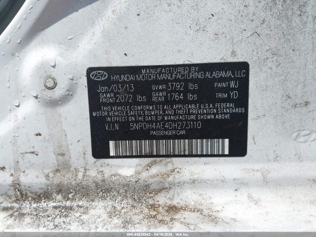 Aukcja sprzedaży 2013 Hyundai Elantra Gls, vin: 5NPDH4AE4DH273110, numer aukcji: 44828942