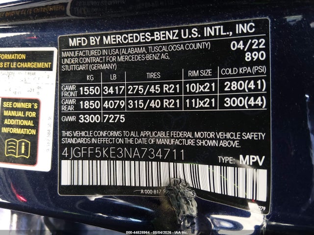 Продажа на аукционе авто 2022 Mercedes-benz Gls 450 4matic, vin: 4JGFF5KE3NA734711, номер лота: 44828964