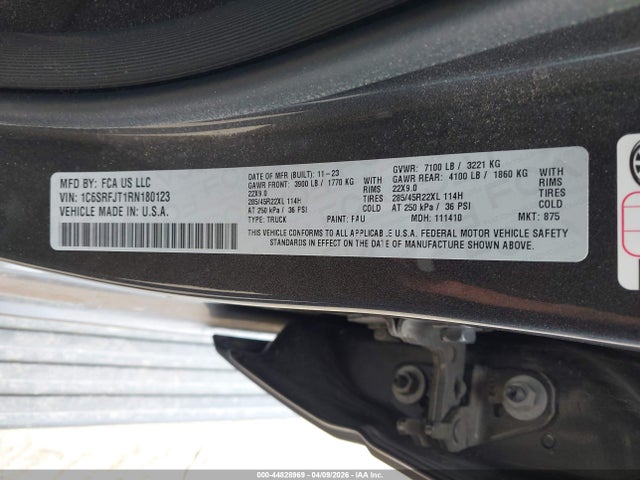 44828969 :رقم المزاد ، 1C6SRFJT1RN180123 vin ، 2024 Ram 1500 Laramie  4x4 5'7 Box مزاد بيع